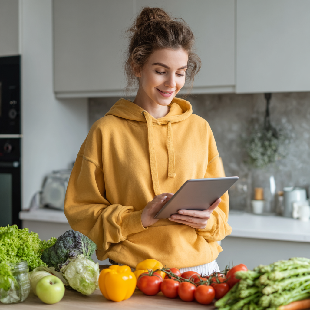 Smiling middle-aged Ukrainian woman in kitchen preparing healthy colorful vegetables and fruits on wooden cutting board