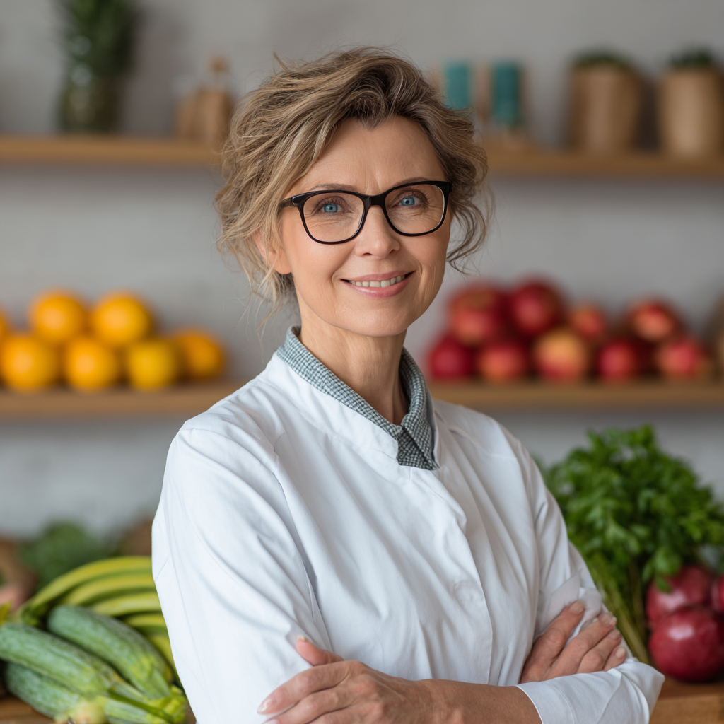 Confident Ukrainian nutritionist woman in her 40s wearing professional white coat standing in modern clinic office